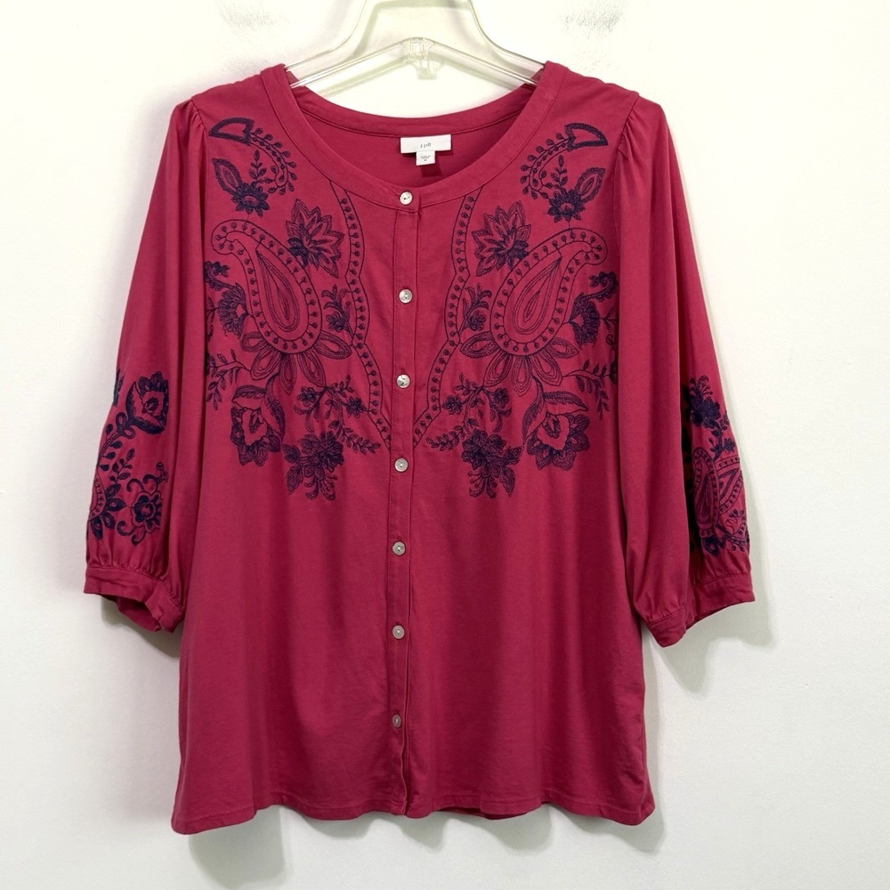 J‎ Jill Peasant Blouse M Pink Blue Embroidery Button Front 3/4 Sleeve Boho Shirt